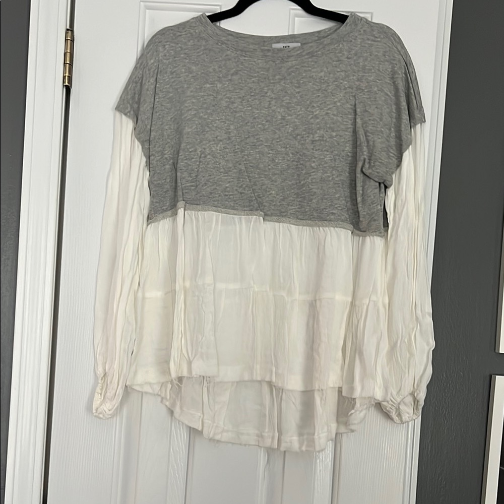Fate Gray and Cream Boxy Tiered Long Sleeve Blouse
